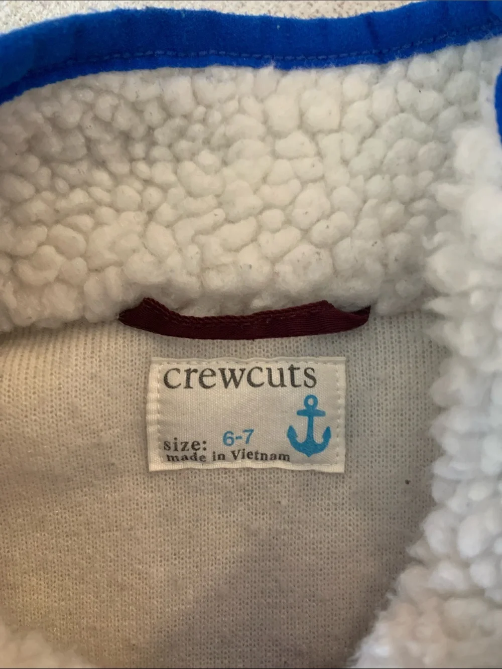 Crewcuts Youth Cream Sherpa Jacket with Burgundy Yoke and Blue Trim